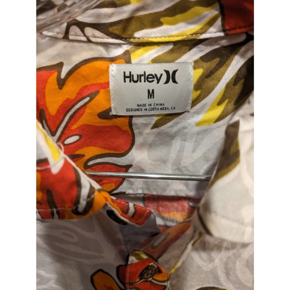 Hurley Short Sleeve Shirt Mens Medium Cotton Collared Button Up Tan Floral - Picture 2 of 3